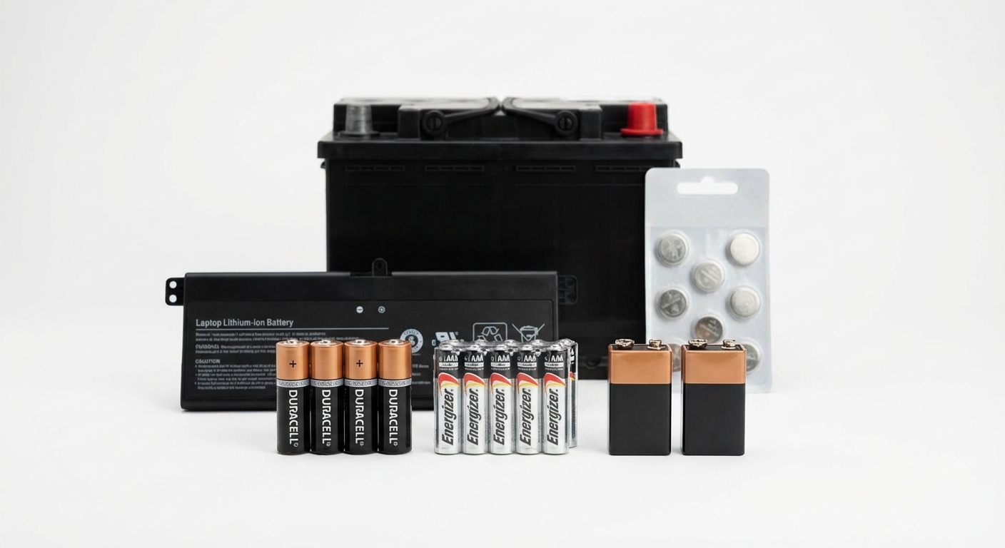 Various types of batteries including car battery, laptop lithium battery, AA, AAA, 9V, and button cells ready for recycling