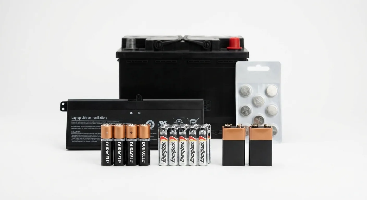 Various types of batteries including car battery, laptop lithium battery, AA, AAA, 9V, and button cells ready for recycling