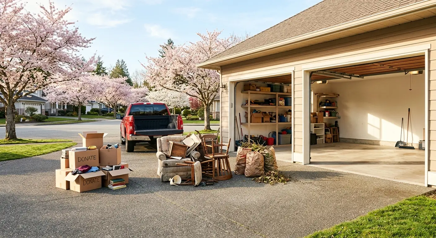 Open garage during spring cleaning with sorted donation boxes and items ready for junk removal