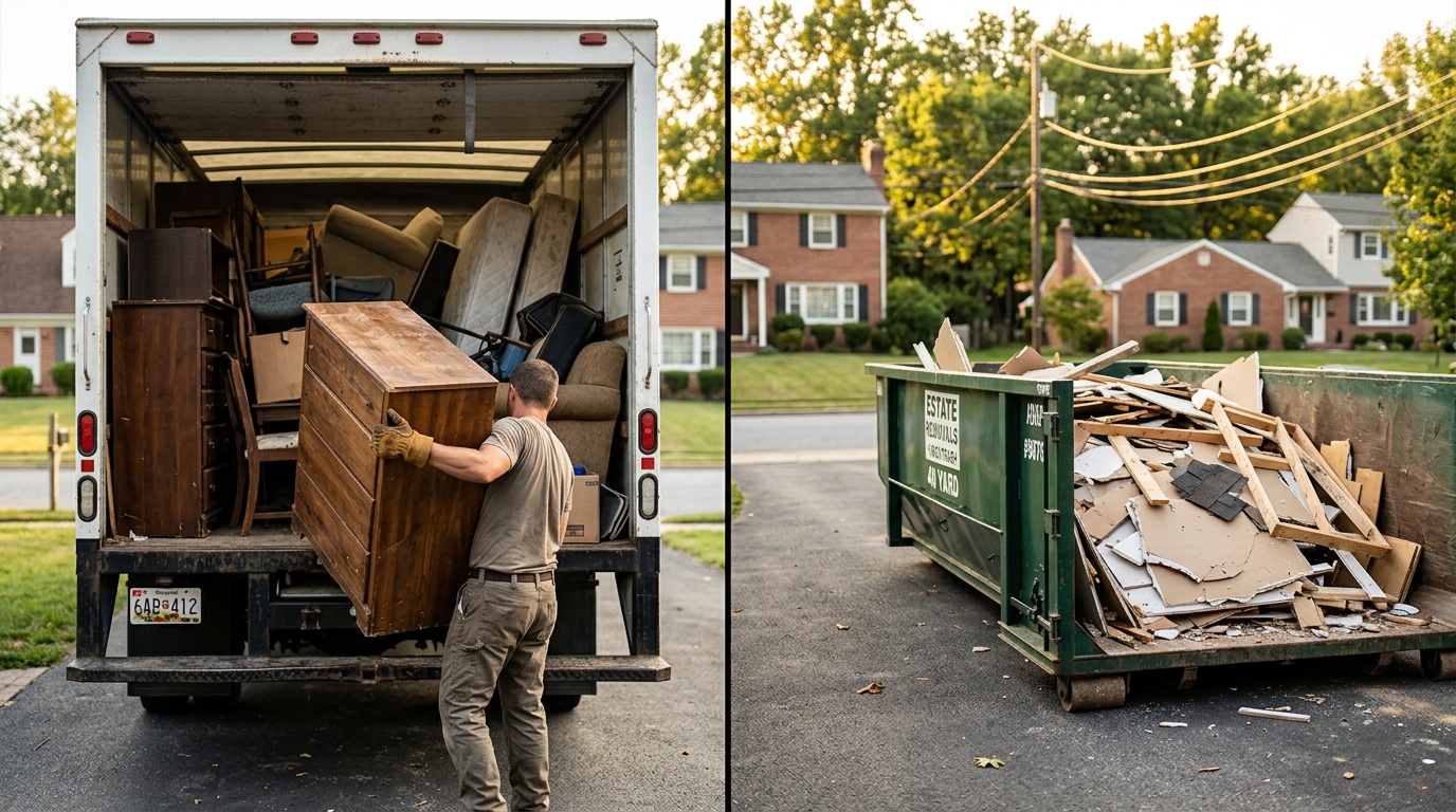 Junk removal truck next to a dumpster on a suburban driveway
