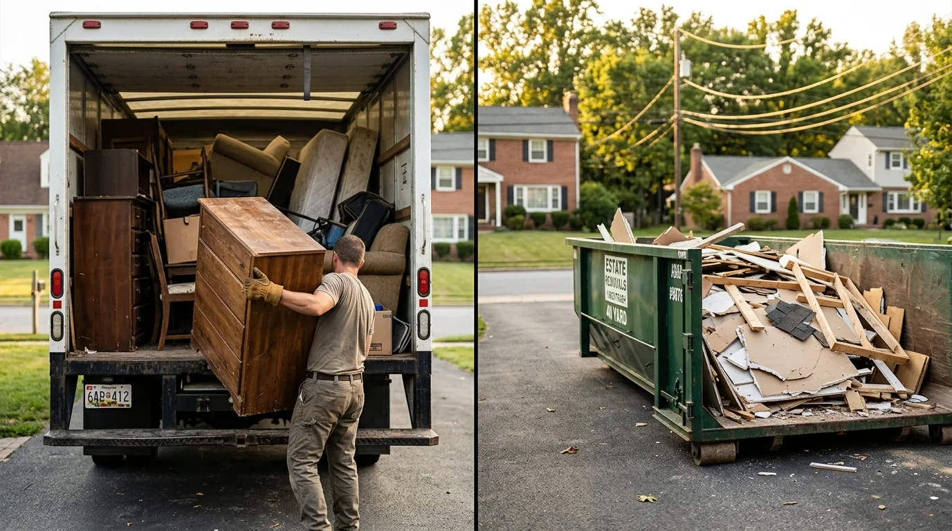Junk removal truck next to a dumpster