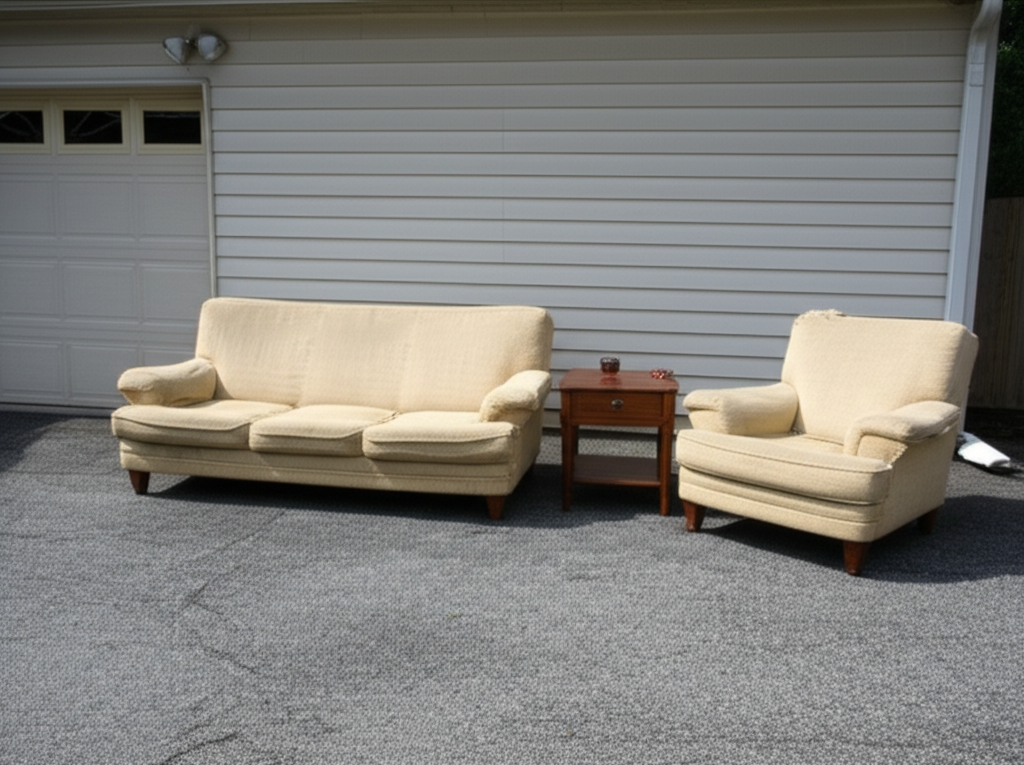 Old furniture including couch, chairs, and table ready for disposal or donation in Howard County