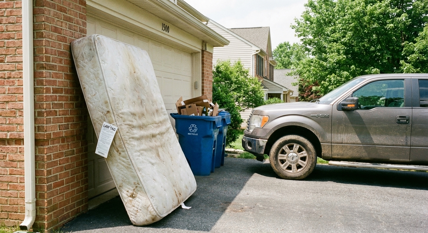 Mattress disposal in Howard County - old mattress leaning against garage with recycling bins and pickup truck