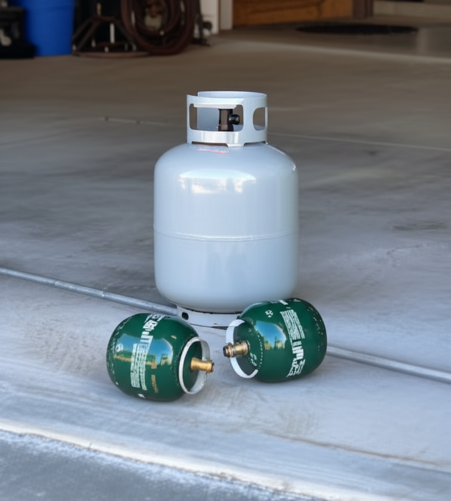 Propane tanks including 20 lb grill tank, 1 lb camping cylinders, and residential tank