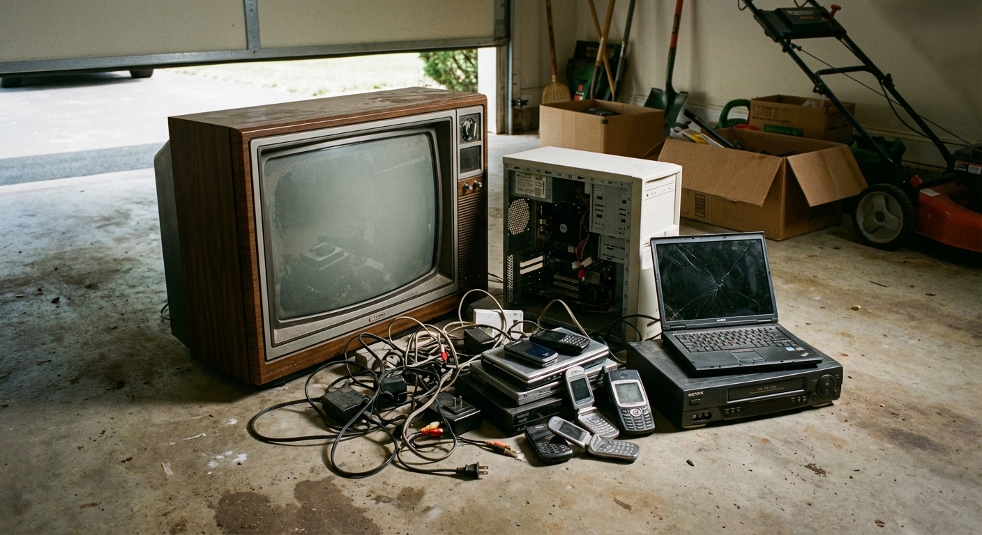 Old electronics including CRT TV, computers, phones, and cables ready for recycling in Howard County