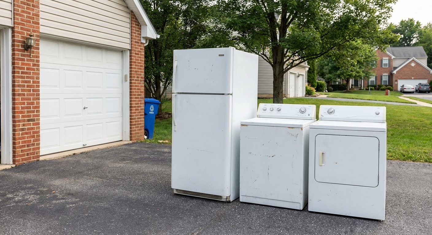 Old refrigerator, washer, and dryer on a driveway ready for disposal in Howard County