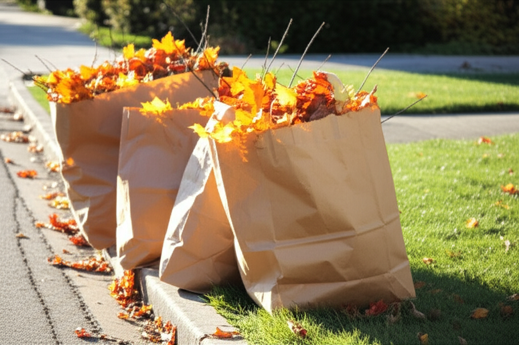 Bags of leaves, grass clippings, and bundled branches for yard waste collection